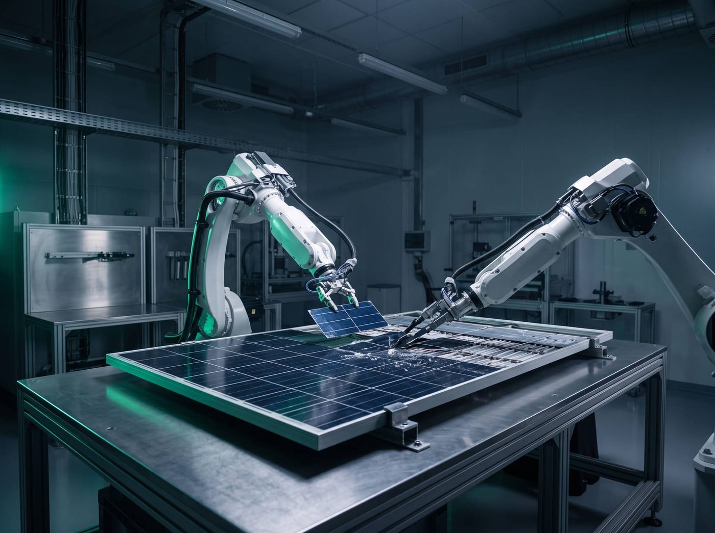 Automated disassembly of a solar module inside a clean, modern processing facility